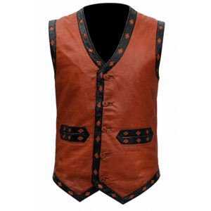 The Warriors Leather Vest | Brown Leather Biker Vest for Men, Skull Wings Patch Motorcycle Vest
